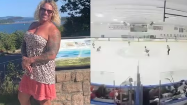 Police officer and crowd at scene, shooting at high school hockey game in Pawtucket.