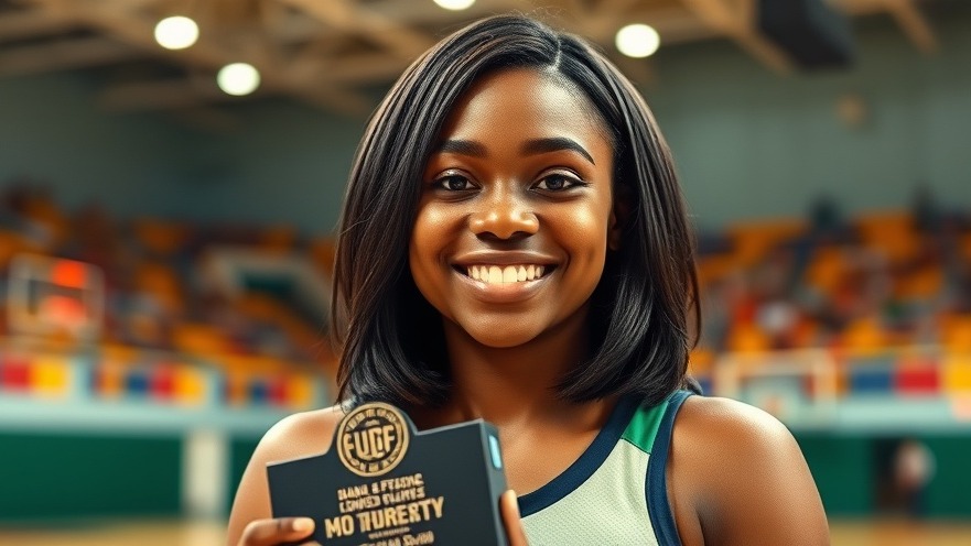 Confident young black female athlete holding an award in a vibrant basketball court, symbolizes San Antonio sports news.