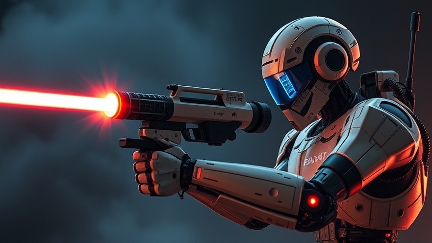 Cyborg demonstrating artificial intelligence dangers with a laser weapon.