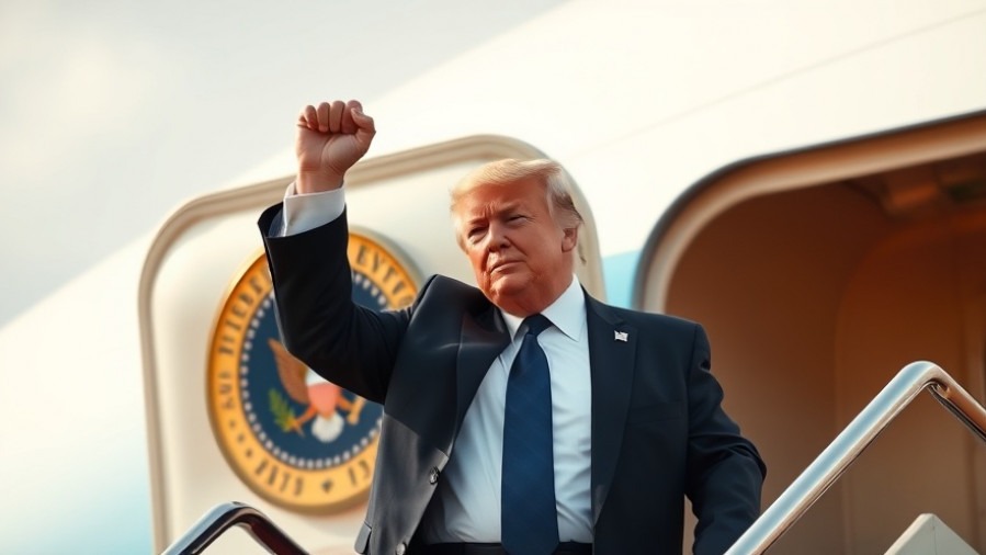 Trump in formal attire exits plane, raising fist, capturing current U.S. headlines.