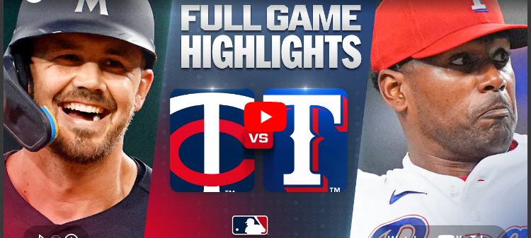 MLB highlights of Twins vs. Rangers players in split image.