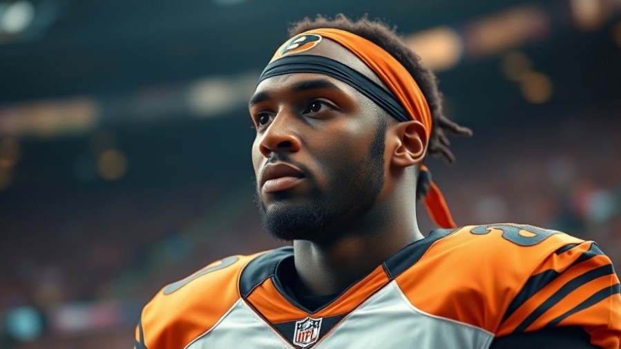 Focused Black male player in Bengals jersey exemplifying NFL accountability in vibrant stadium.