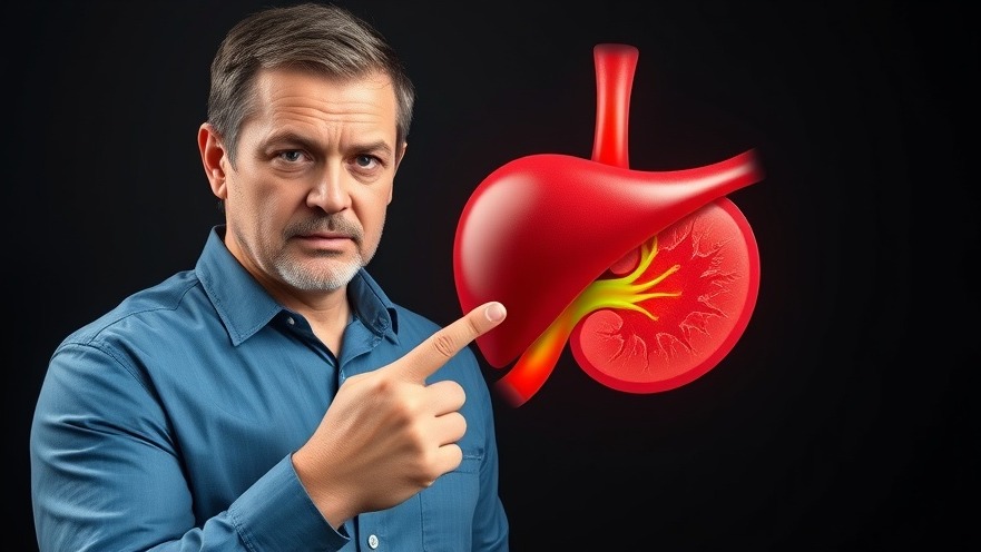 Man highlights a detailed 3D illustration of gallbladder health.