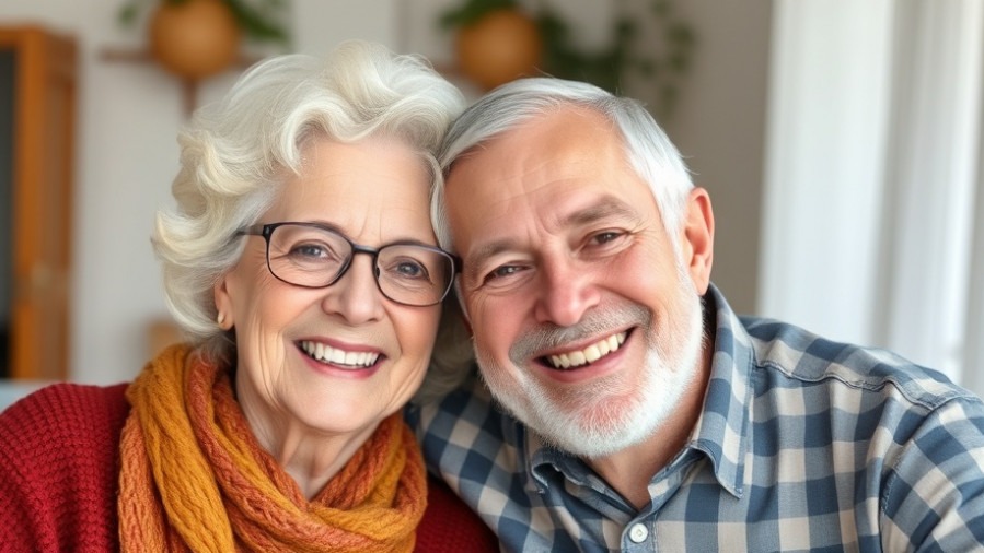 Smiling senior couple practicing stress relief techniques for mental wellness.