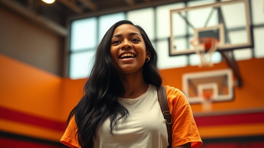 Black female athlete passionately advocates for women's basketball in a vibrant sports setting.