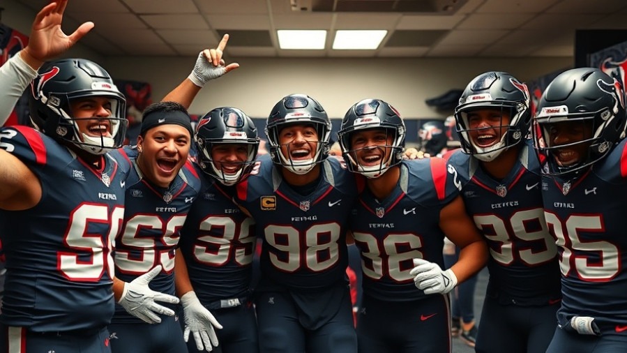Enthusiastic Houston Texans football players celebrating teamwork in sports in a vibrant locker room.