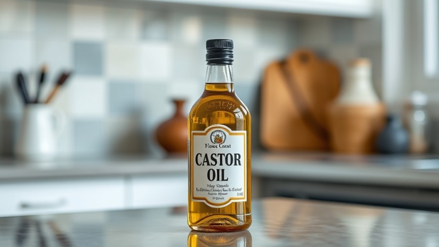 Castor oil bottle on kitchen counter, showcasing natural remedies for inflammation.