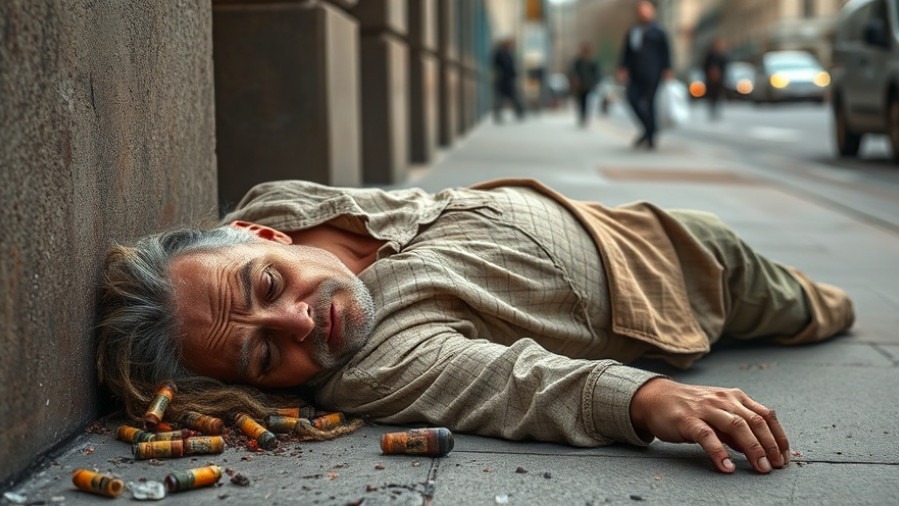 Disheveled opioid addict on city sidewalk, highlighting opioid crisis funding needs.