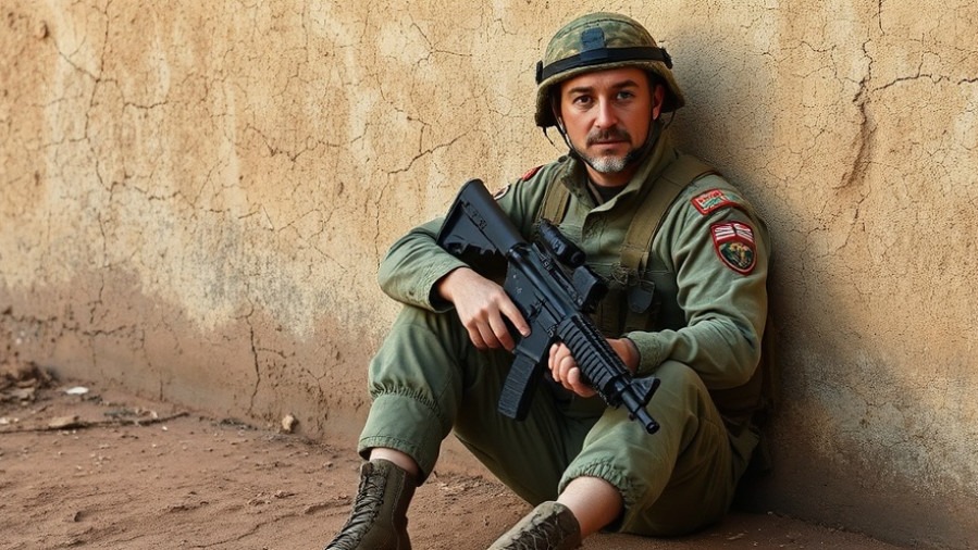 British soldier in camouflage holding rifle, relaxed in rustic outdoor, FSB assassination plot.