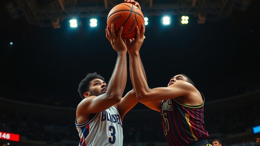 Intense mid-air battle between NBA players, showcasing determination and emotion.
