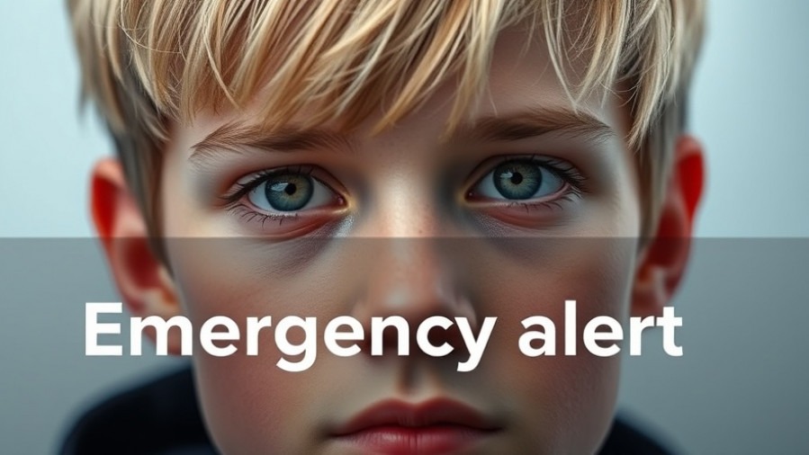 Close-up of a young male with light hair, emergency alert for local missing person news.