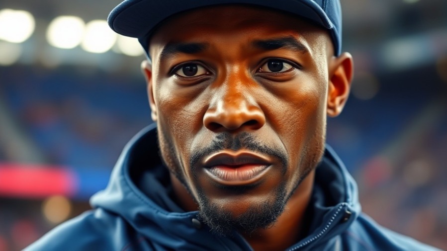 Focused African American man in blue jacket at Michigan football game, capturing coaching changes.