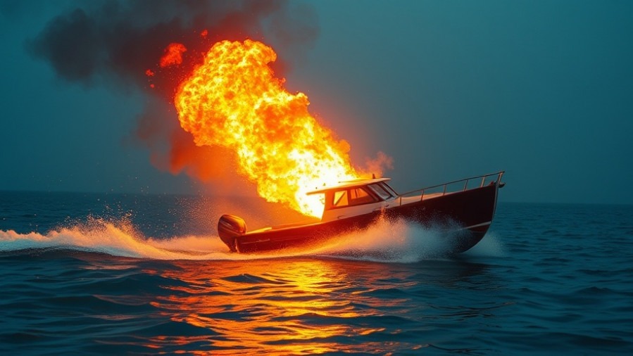 Cigarette boat on fire, symbolizing U.S. strikes against drug trafficking in international waters.