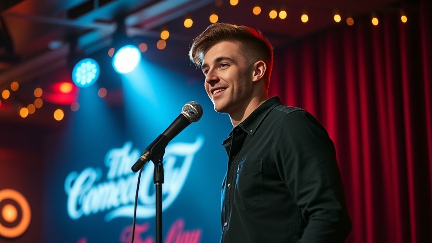 Young male comic performing at a comedy club in Austin, showcasing local events.