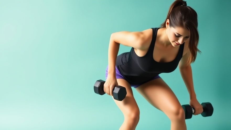 Focused female doing strength training exercises with dumbbells in minimalistic teal setting.