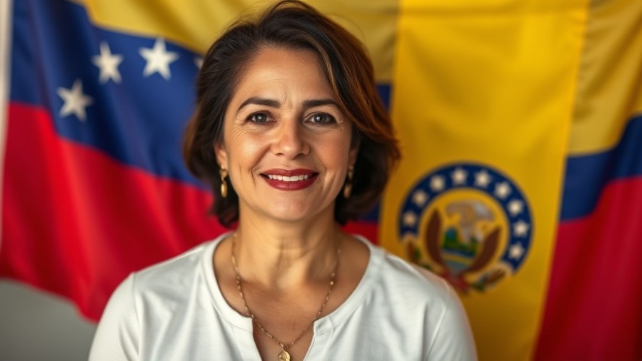 Middle-aged Hispanic woman in front of Venezuelan flag, reflecting on Venezuela elections.
