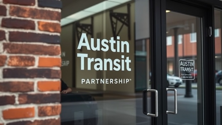 Photorealistic urban office entrance with Austin Transit logo and city details