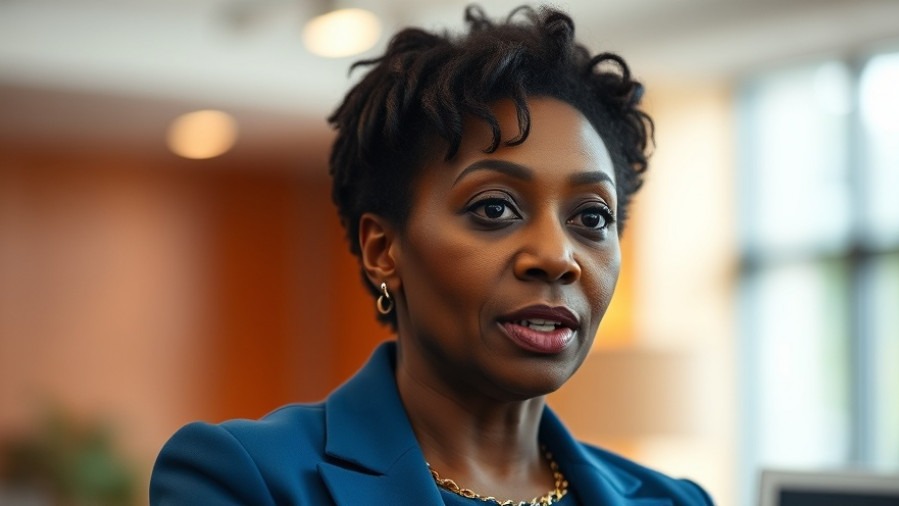 Serious black woman in a blue blazer discussing national political news indoors.