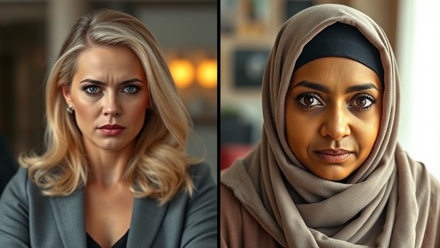 Contrasting emotions: assertive blonde and Somali woman, breaking US news contrasts.