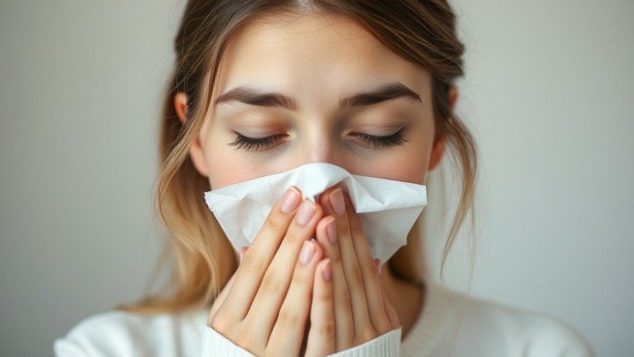Young woman with Texas cold and flu season symptoms, blowing her nose into a tissue.
