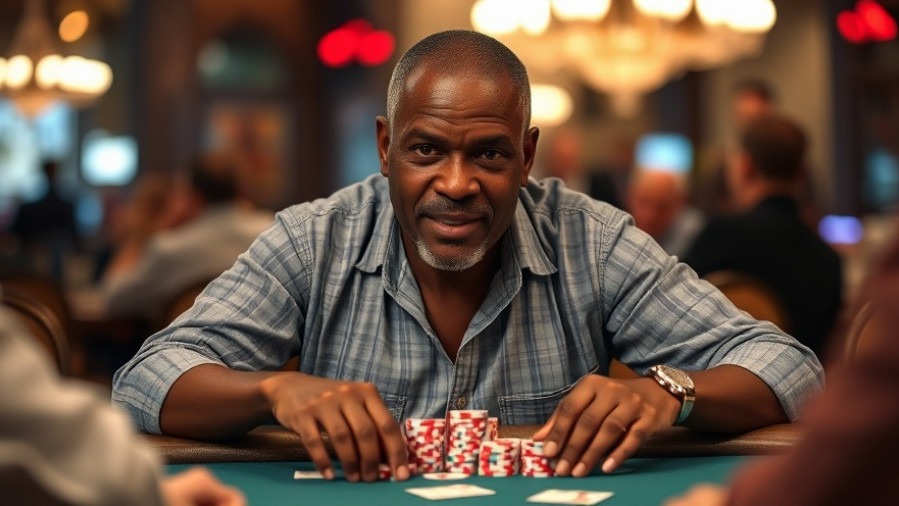 Middle-aged black man at a poker table, reflecting rigged poker games and gambling scandal.