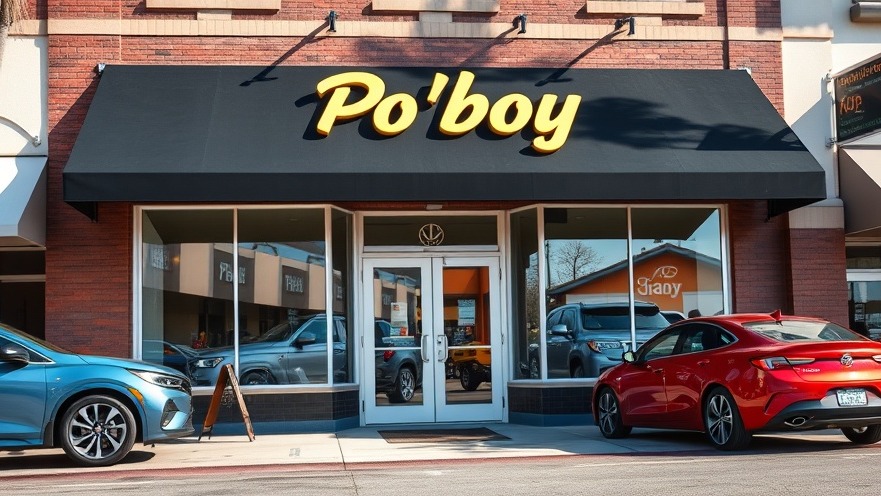 Charming po'boy shop in the Dallas dining scene, welcoming storefront with glass doors.