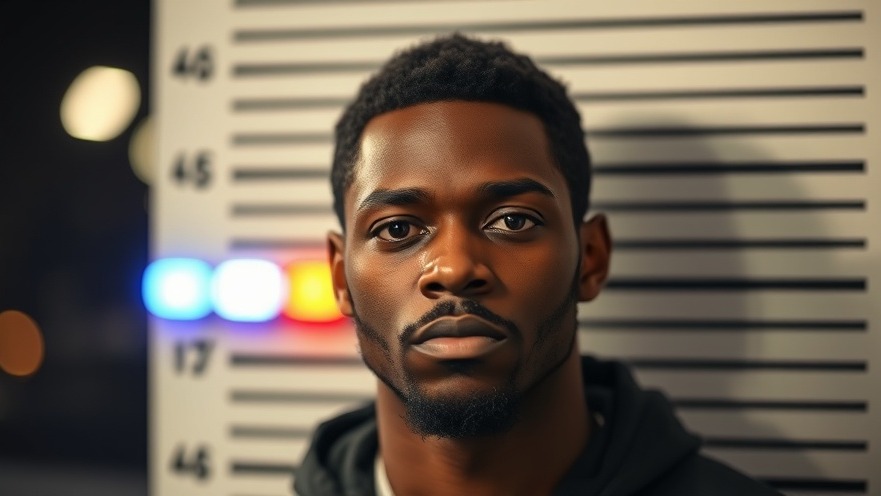 Mugshot of a man with blurred police lights, highlighting Dallas crime news.