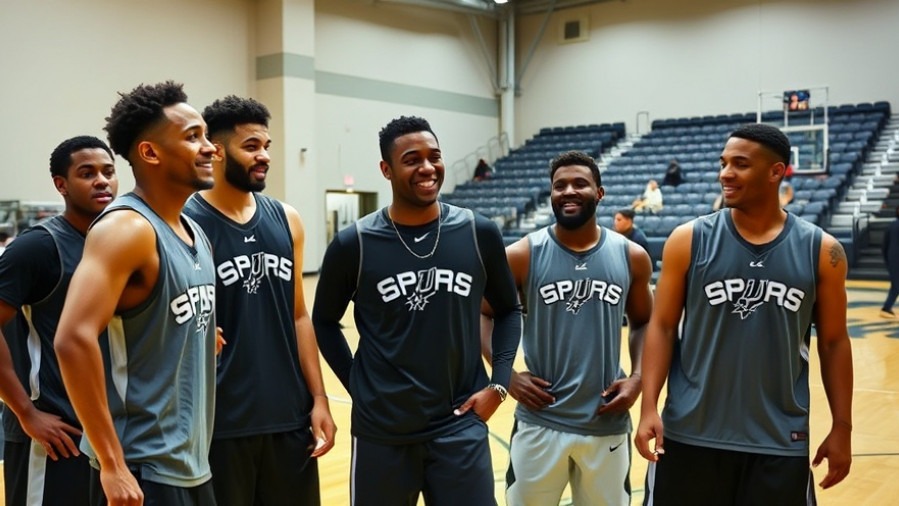 San Antonio Spurs players practicing and enjoying light moments in vibrant indoor court.