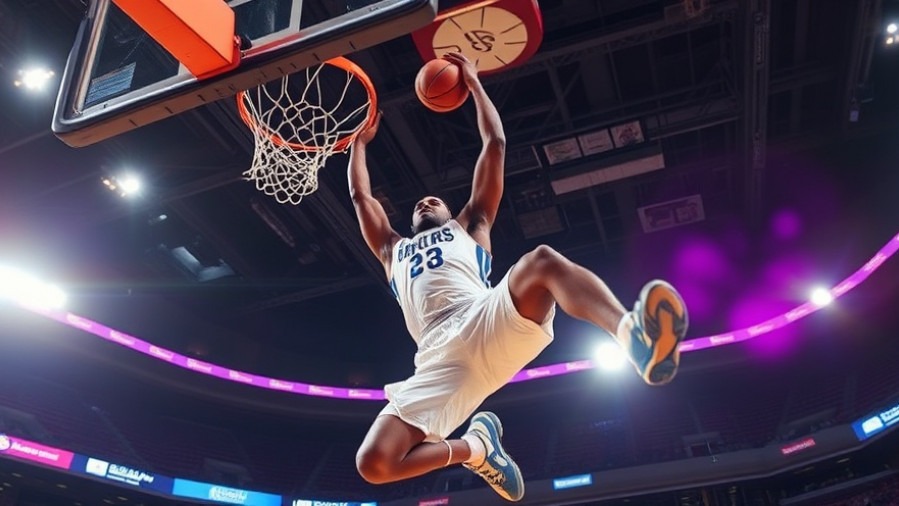 Dynamic basketball highlights of a youth athlete mid-air slam dunk in vibrant colors.