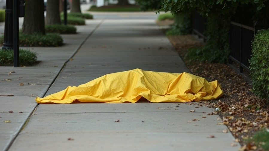Austin crime reports - crime scene with body covered by yellow tarp on sidewalk.