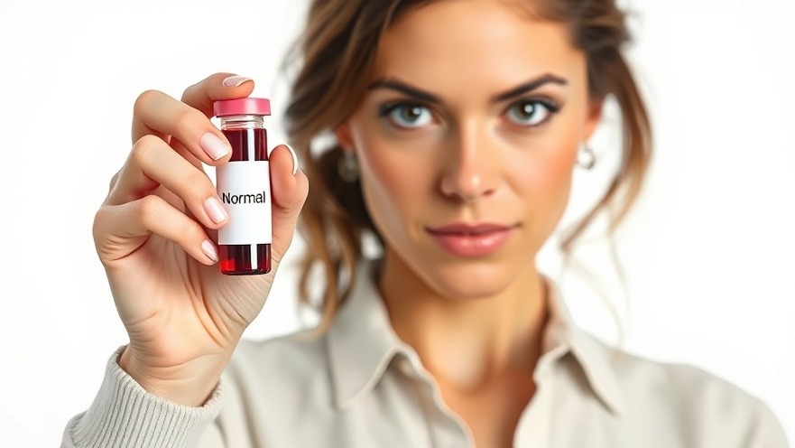 Confident woman holding a blood vial labeled 'Normal' for cholesterol management.