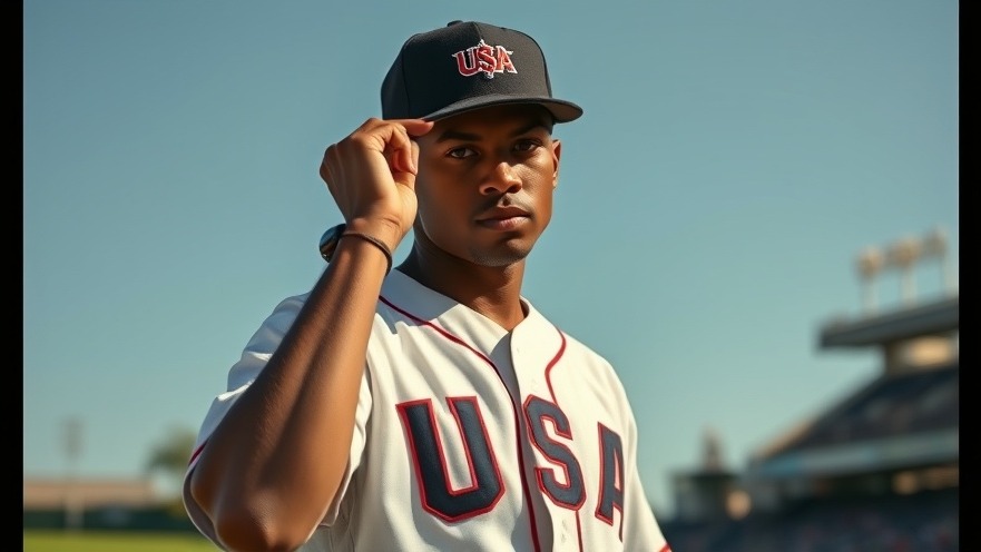 Determined Team USA baseball player adjusting cap, ready for World Baseball Classic.