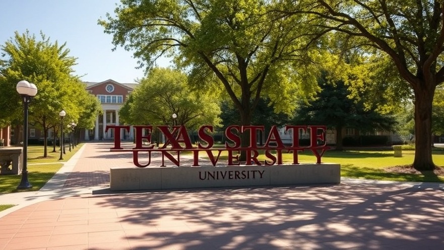 Texas State University entrance reflecting free speech on campus amid vibrant greenery.
