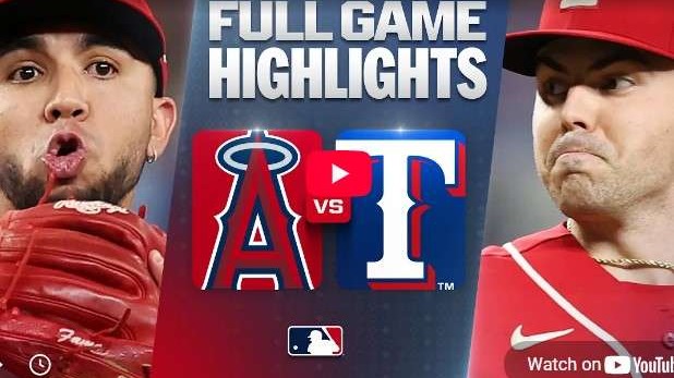 Angels vs. Rangers highlights feature displayed prominently in a game recap.