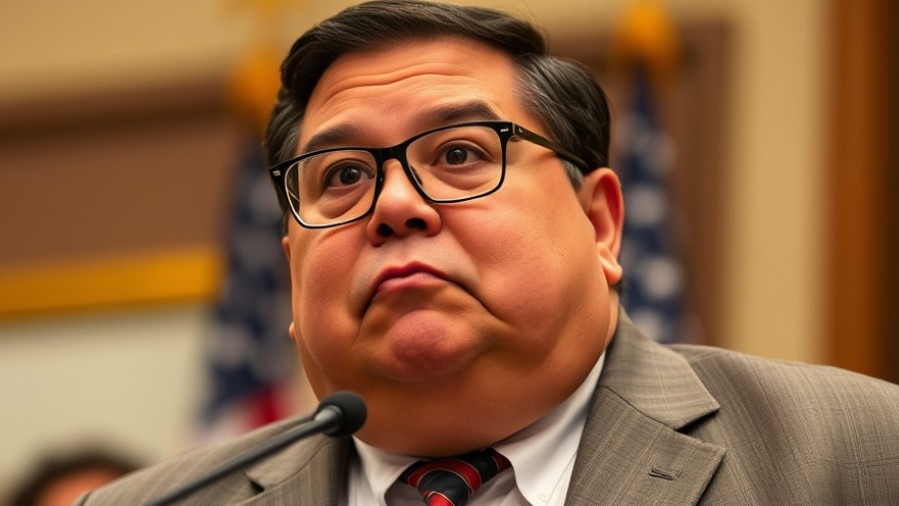 Plump Congressman George Santos in glasses, reflecting on political justice.
