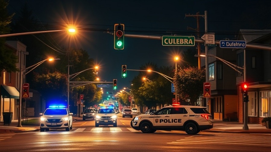 Police vehicles at a nighttime intersection on Culebra street in San Antonio, highlighting public safety.