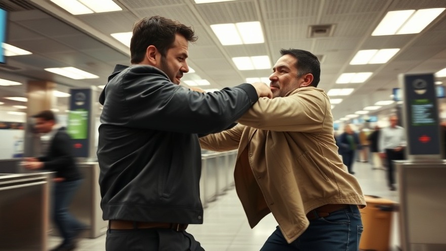 Airport security incident: intense confrontation at a checkpoint, highlighting traveler safety awareness.