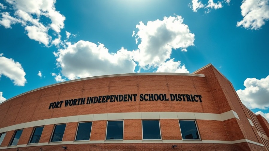 Modern Fort Worth ISD building showcasing Texas education reform under bright blue skies.
