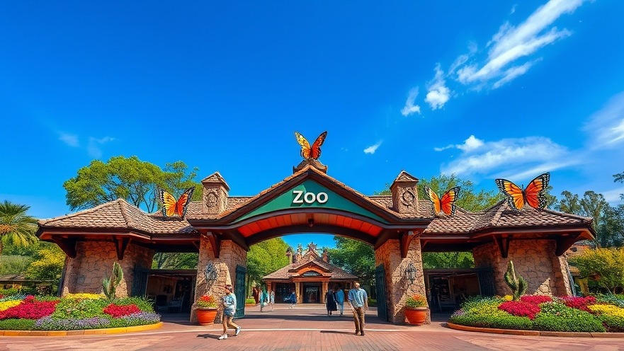 Vibrant entrance of a zoo in San Antonio showcasing business growth with colorful butterfly sculptures.