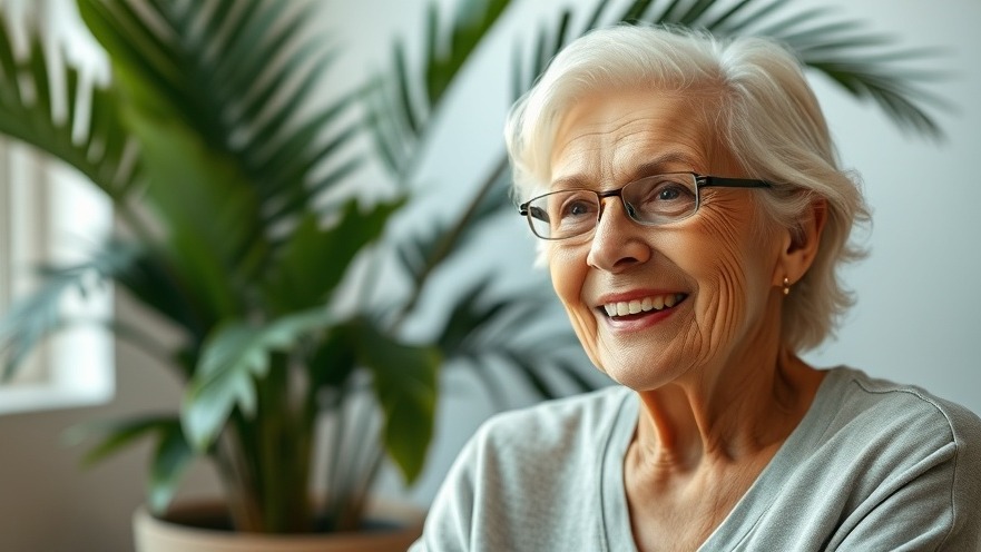 Smiling older woman in a relaxed ambiance promoting healthy aging nutrition.