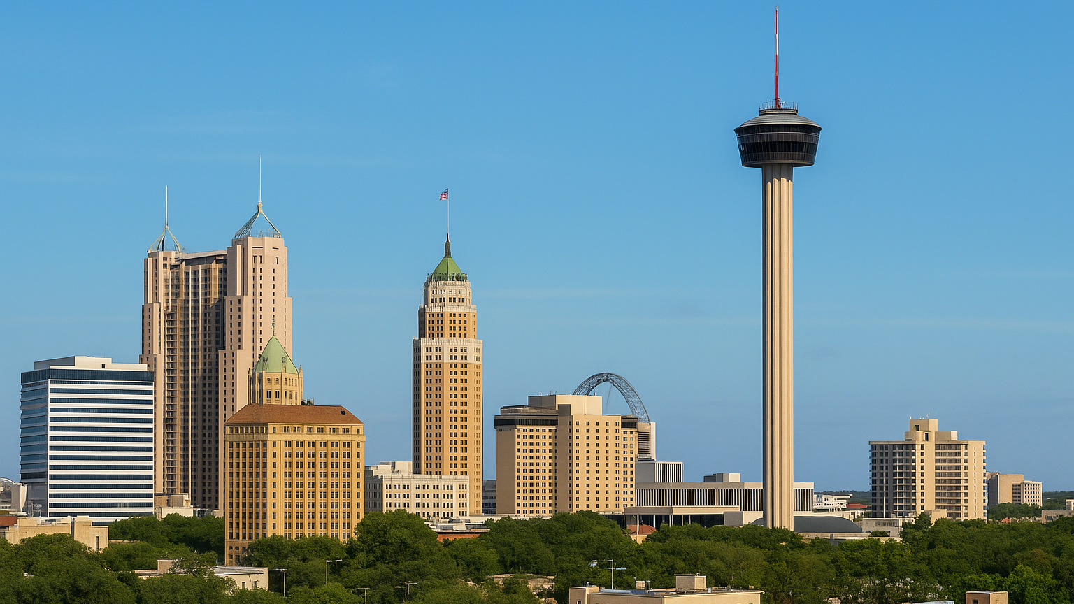 San Antonio business skyline under a cloudy sky