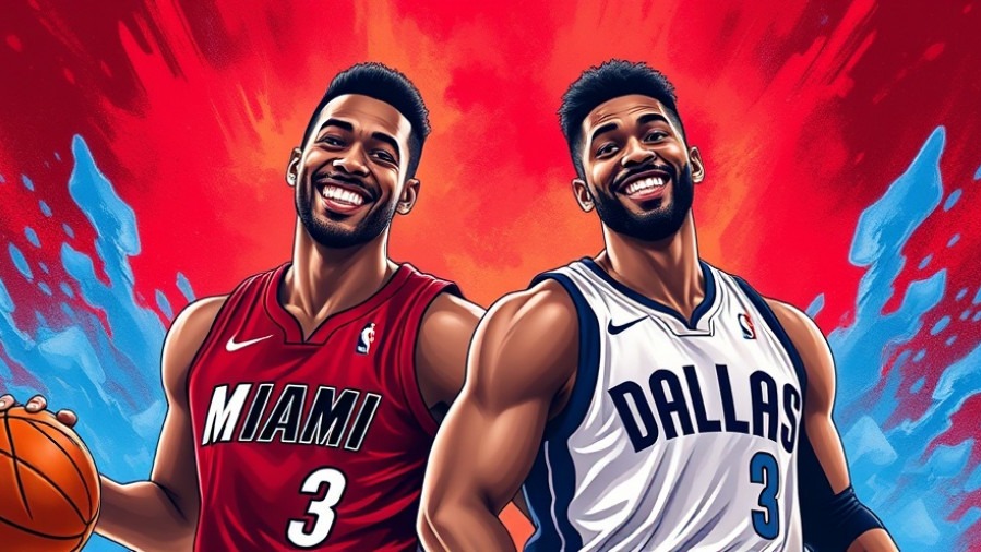 Photorealistic illustration of Heat vs Mavericks players showcasing NBA highlights.