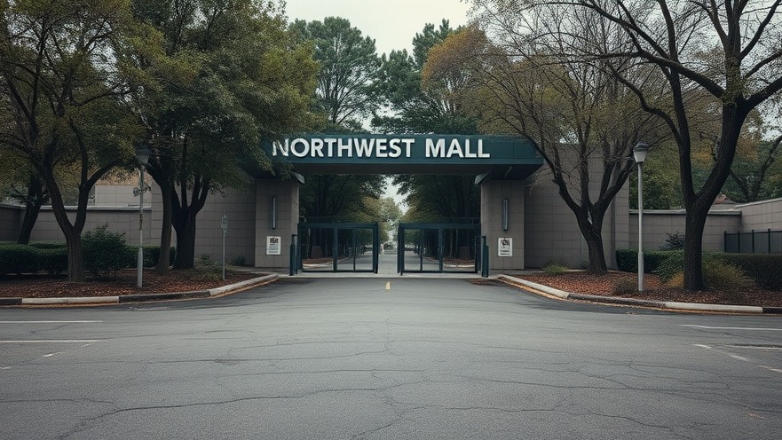 Desolate Northwest Mall entrance, reflecting urban decay amidst trees, hinting at community transportation development.