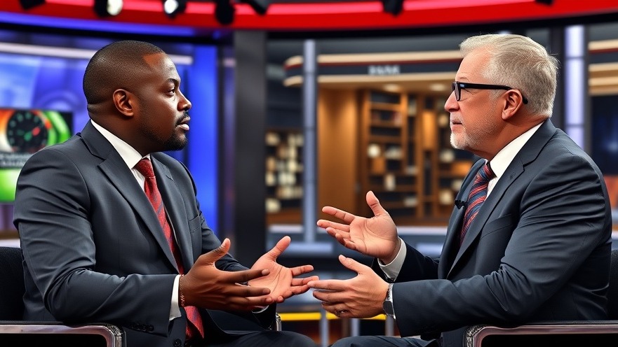 Lively discussion on college football scores and NBA highlights in a modern talk show set.