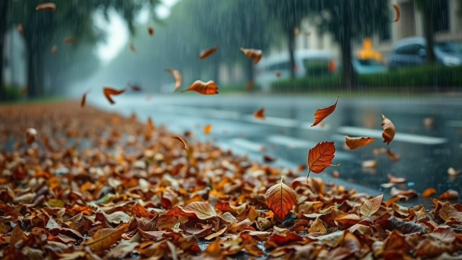 Rainy, windy day in San Antonio with blowing leaves; local news on weather forecast.