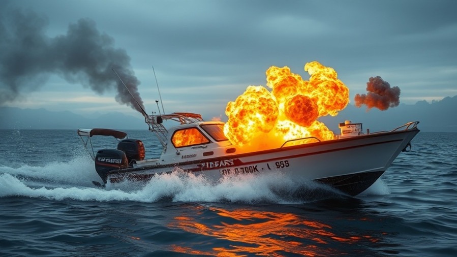 Cigarette boat engulfed in flames, symbolizing drug trafficking combat and counter-narcotics campaigns.