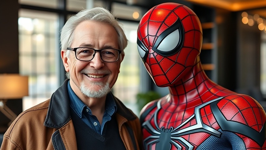 Elderly man beside life-sized Spider-Man statue, showcasing Marvel Comics history.