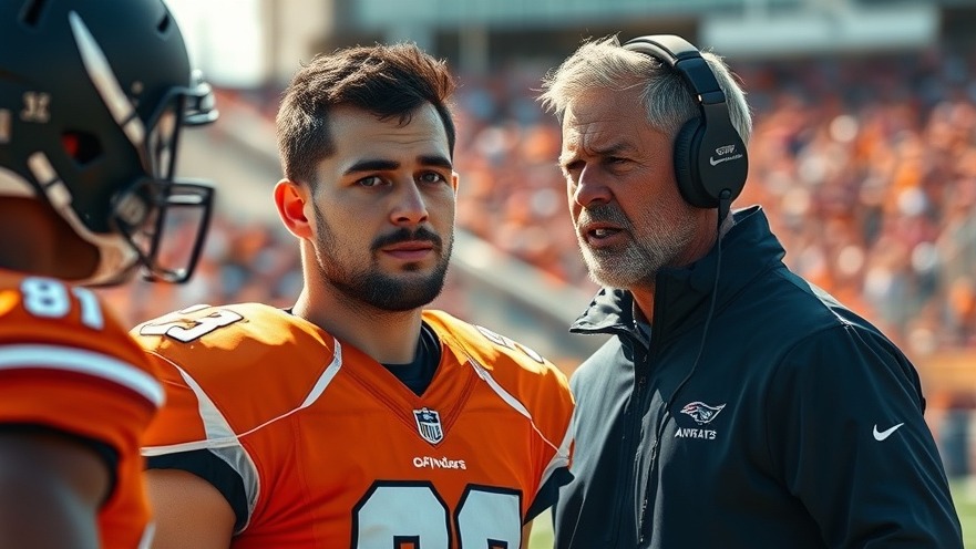 Focused NFL player in orange jersey discusses Russell Wilson career prospects with coach.