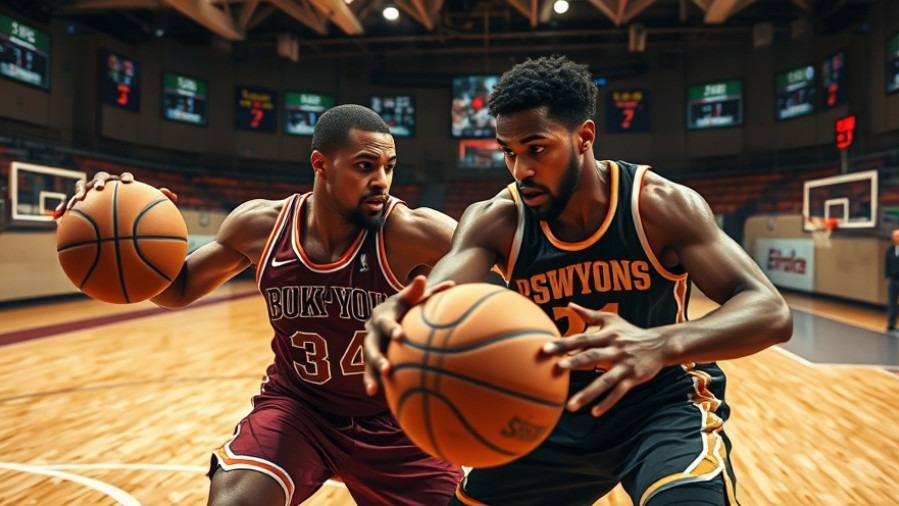 Intense NBA highlights show two players competing fiercely on a vibrant indoor court.