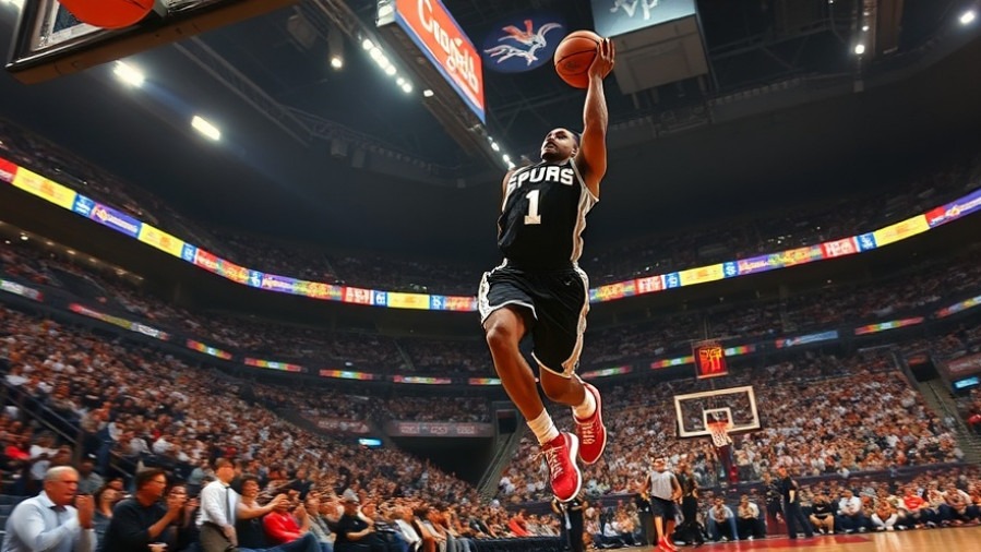 NBA future of basketball: Spurs player leaps mid-air in a dynamic action scene.